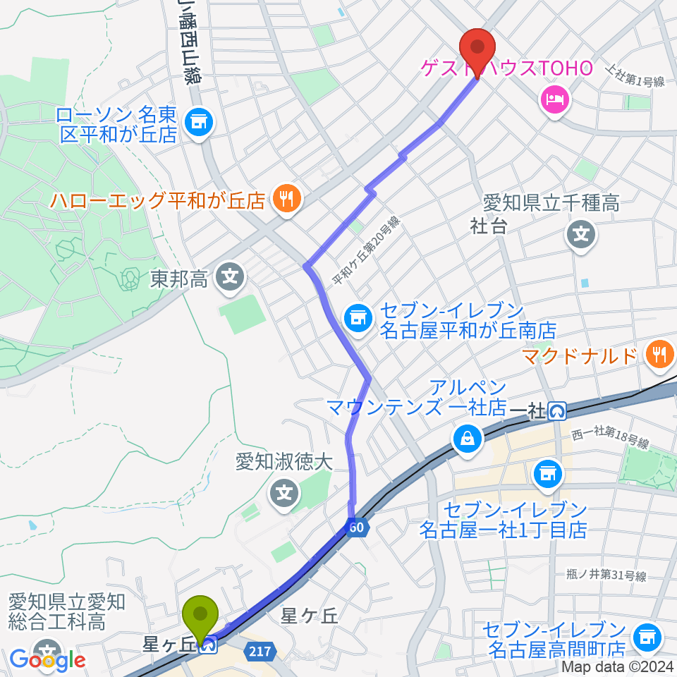 星ヶ丘駅からアリアーヌ音楽教室へのルートマップ地図