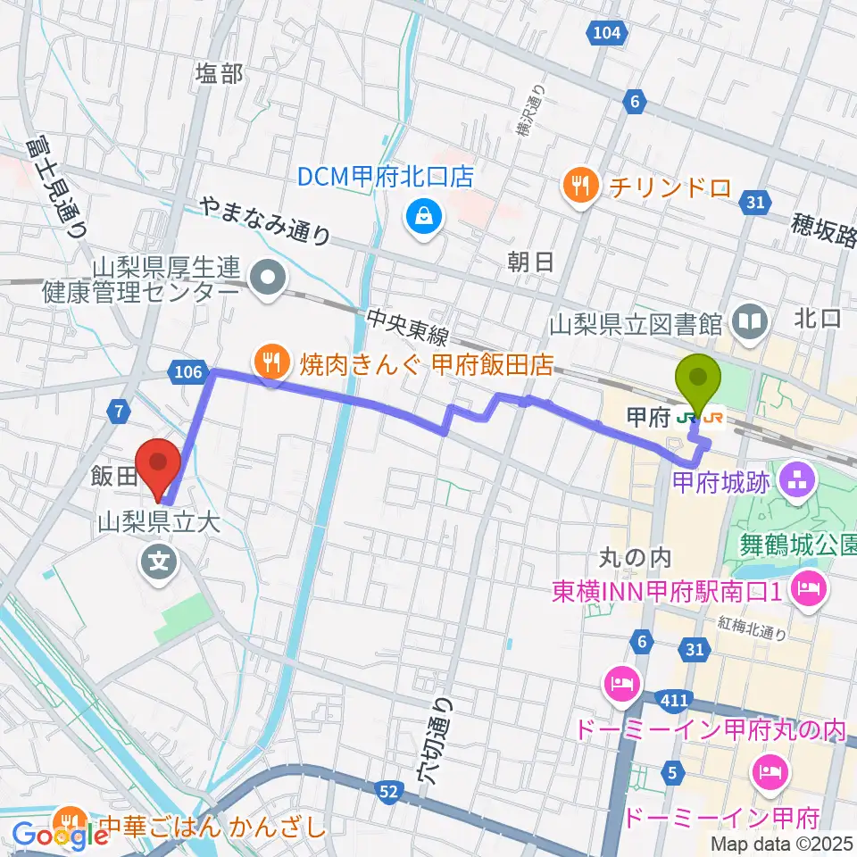 ぱる音楽教室の最寄駅甲府駅からの徒歩ルート（約20分）地図