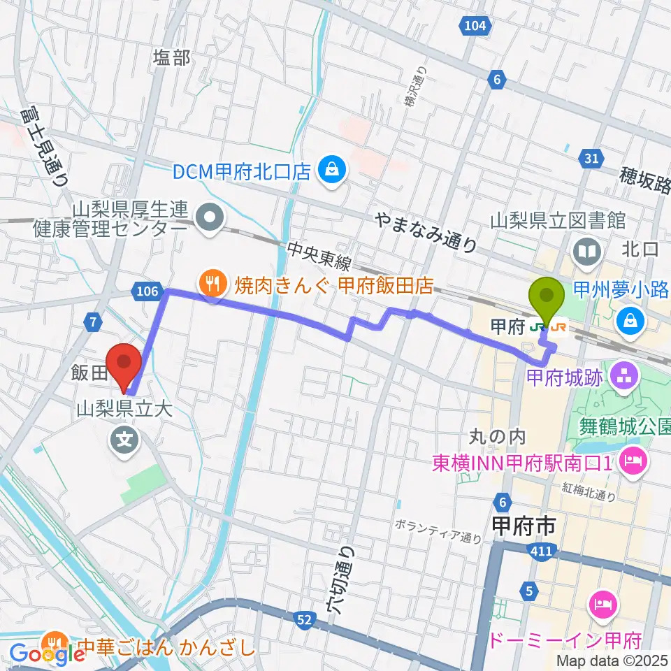 ぱる音楽教室の最寄駅甲府駅からの徒歩ルート（約20分）地図