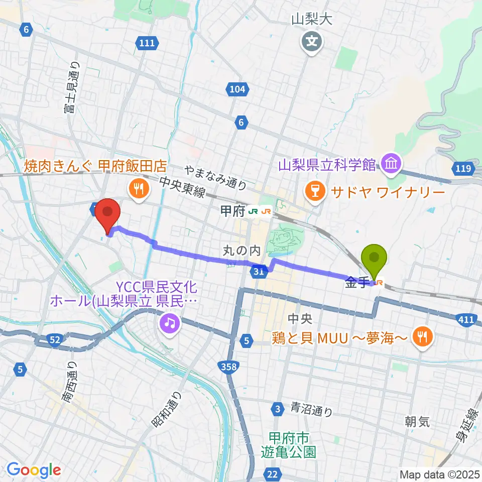 金手駅からぱる音楽教室へのルートマップ地図