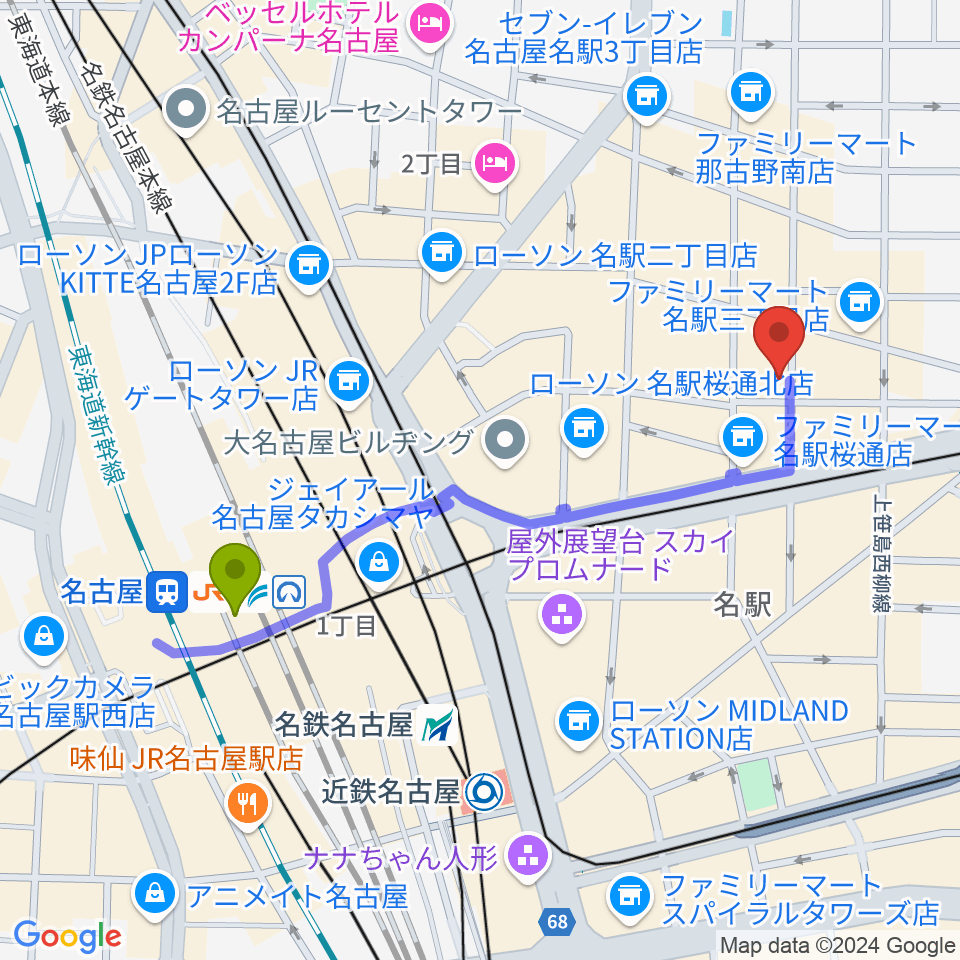 名古屋駅からオーラボイスヴォーカルスクールへのルートマップ地図