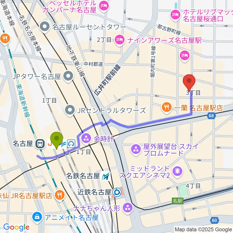 名古屋駅からオーラボイスヴォーカルスクールへのルートマップ地図