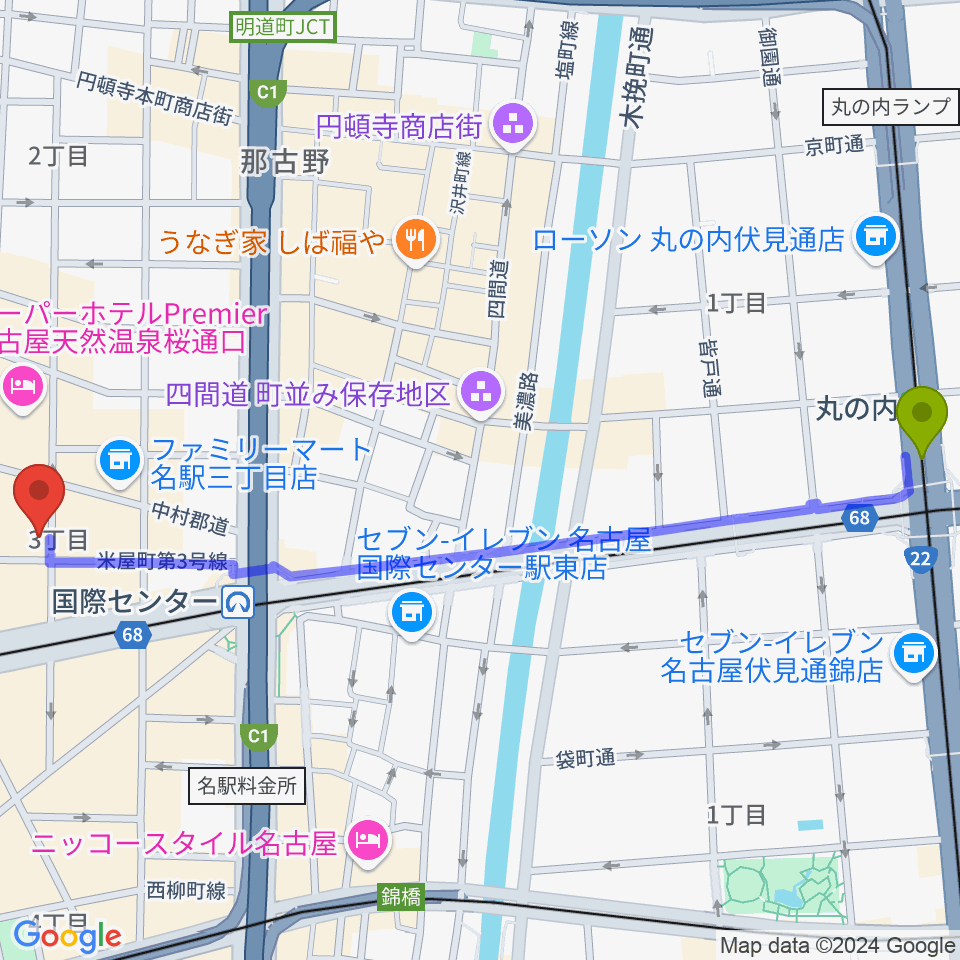 丸の内駅からオーラボイスヴォーカルスクールへのルートマップ地図