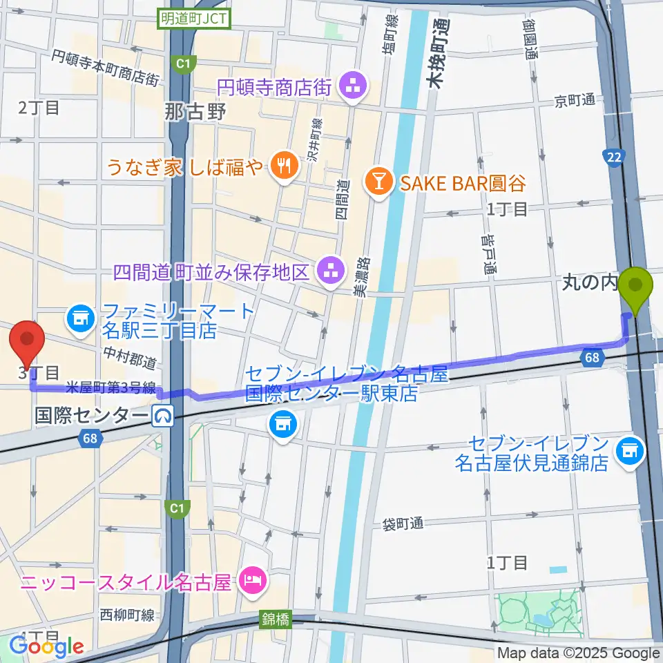 丸の内駅からオーラボイスヴォーカルスクールへのルートマップ地図