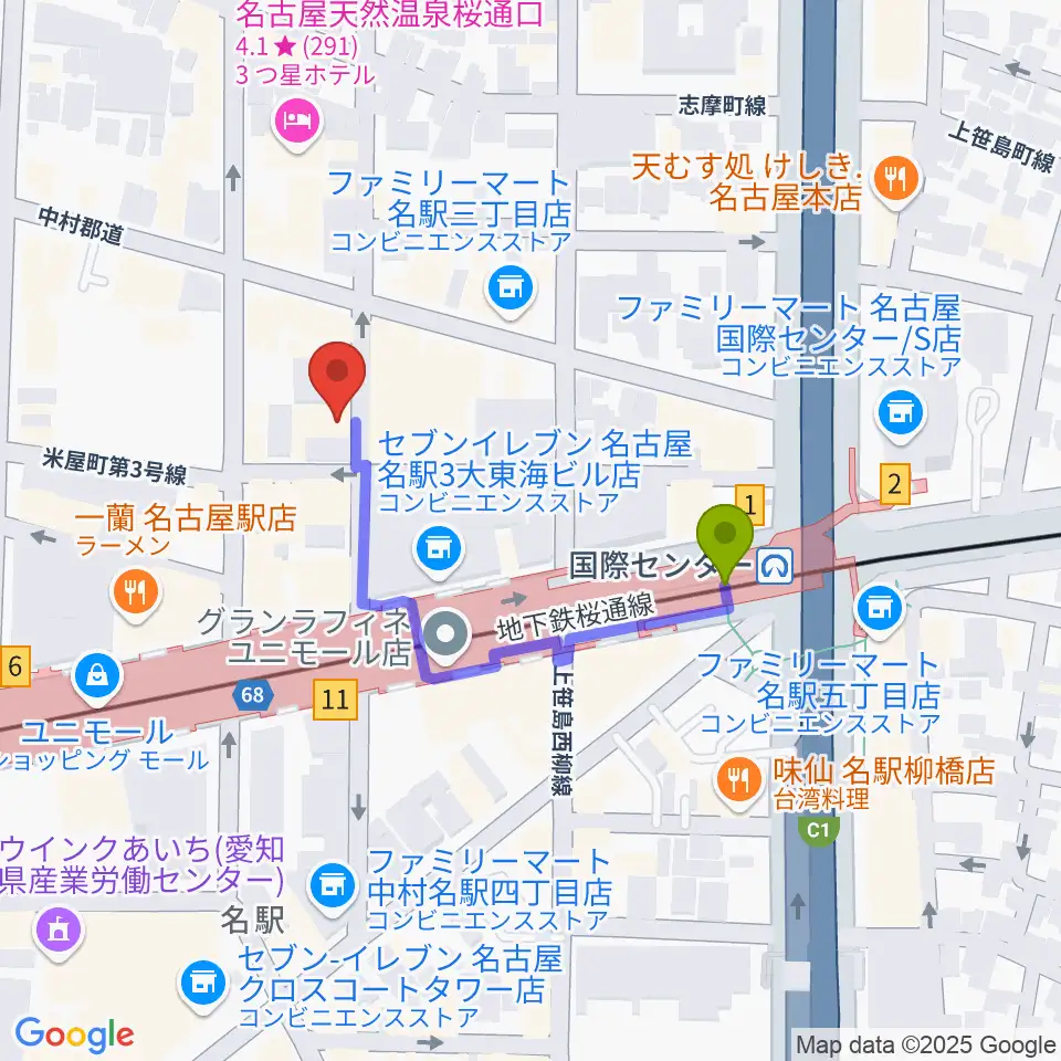 オーラボイスヴォーカルスクールの最寄駅国際センター駅からの徒歩ルート（約3分）地図