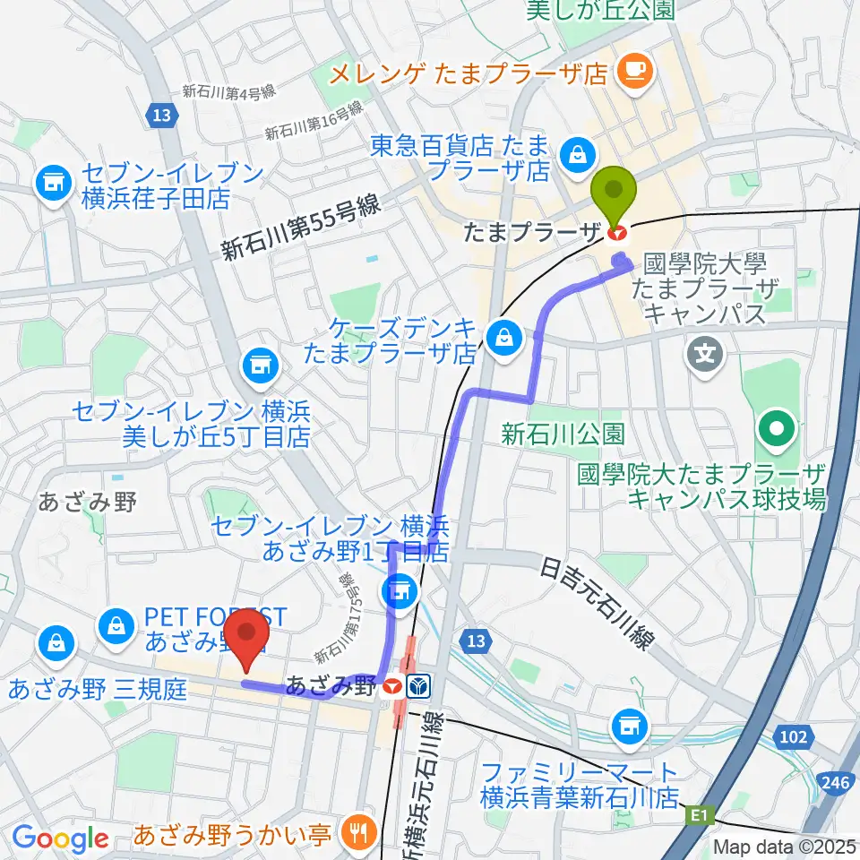 たまプラーザ駅から野村ギター教室へのルートマップ地図