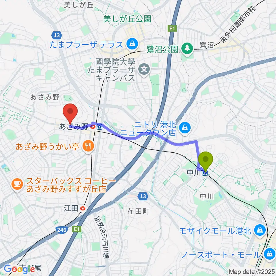 中川駅から野村ギター教室へのルートマップ地図