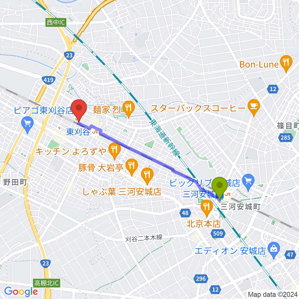 三河安城駅からスタジオエチュード刈谷店へのルートマップ地図