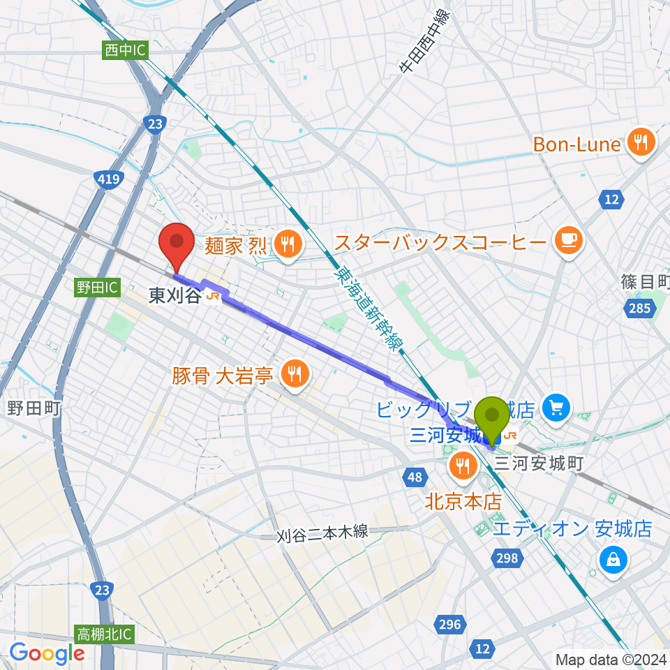 三河安城駅からスタジオエチュード刈谷店へのルートマップ地図