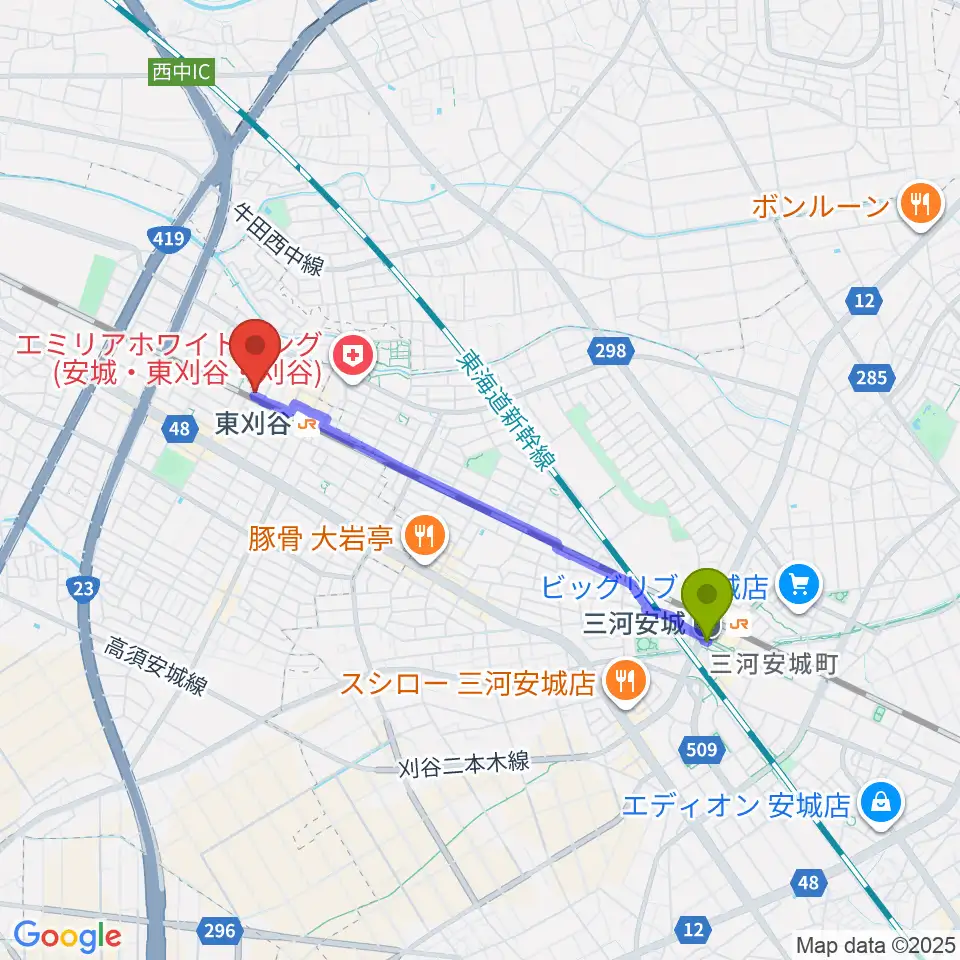 三河安城駅からスタジオエチュード刈谷店へのルートマップ地図