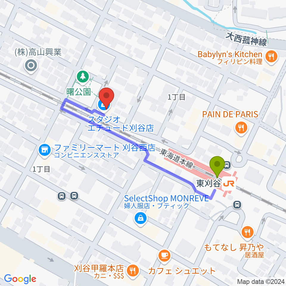 スタジオエチュード刈谷店の最寄駅東刈谷駅からの徒歩ルート（約4分）地図