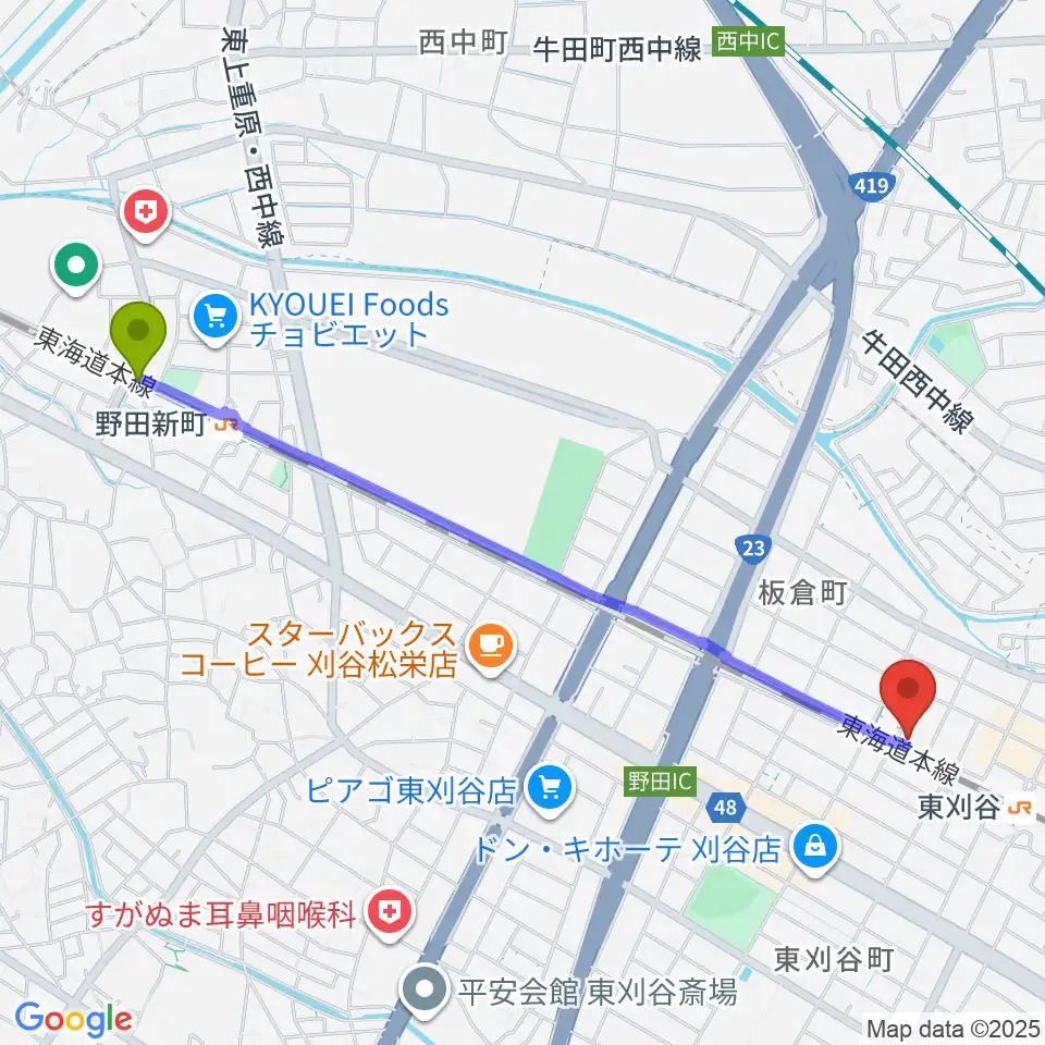 野田新町駅からスタジオエチュード刈谷店へのルートマップ地図