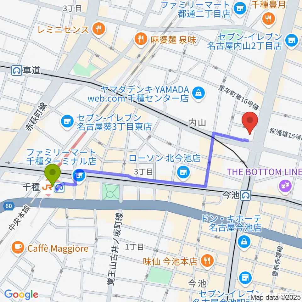 千種駅から名古屋芸術音楽学院へのルートマップ地図