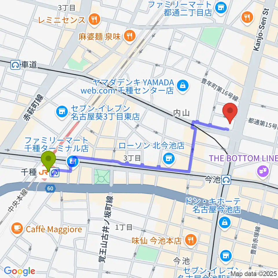 千種駅から名古屋芸術音楽学院へのルートマップ地図