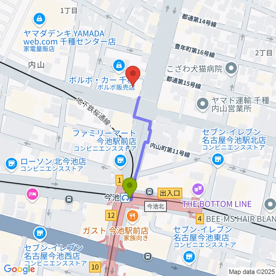 名古屋芸術音楽学院の最寄駅今池駅からの徒歩ルート（約3分）地図