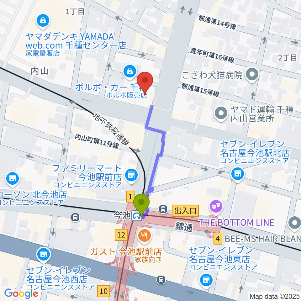 名古屋芸術音楽学院の最寄駅今池駅からの徒歩ルート（約3分）地図