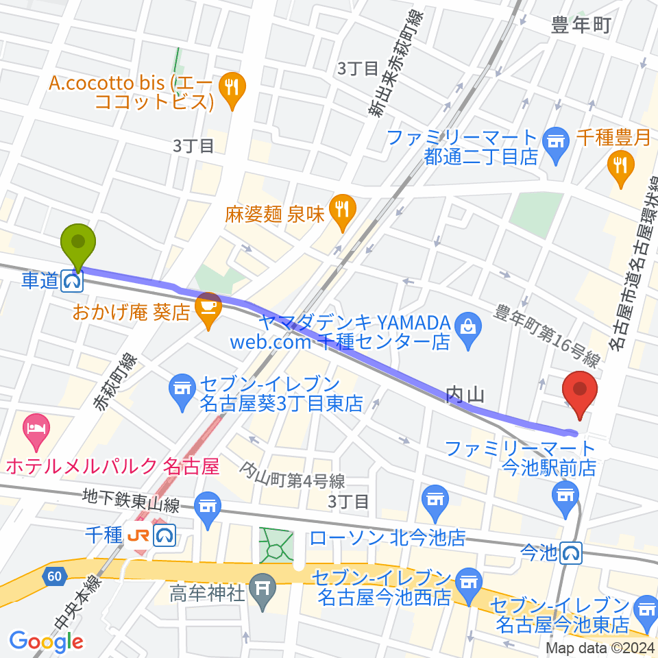 車道駅から名古屋芸術音楽学院へのルートマップ地図