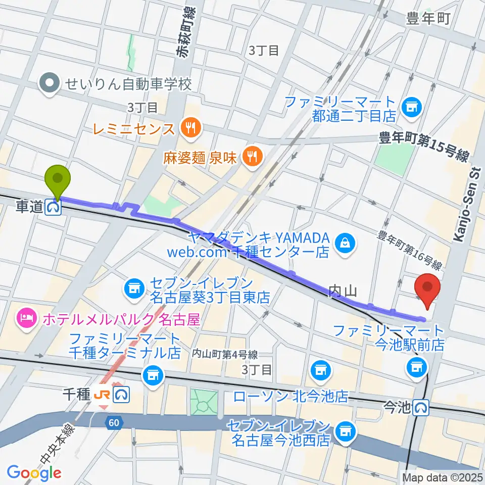 車道駅から名古屋芸術音楽学院へのルートマップ地図