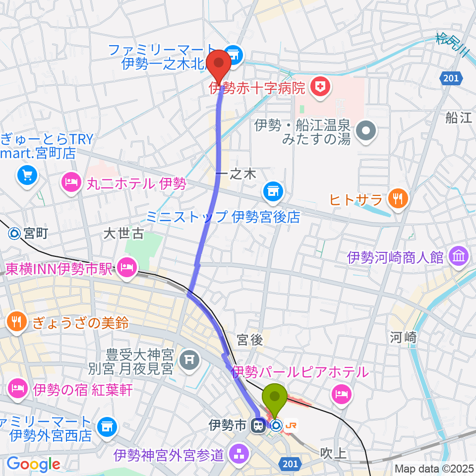 伊勢市駅から伊勢STUDIO Etudeへのルートマップ地図