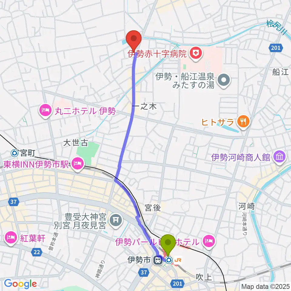 伊勢市駅から伊勢STUDIO Etudeへのルートマップ地図