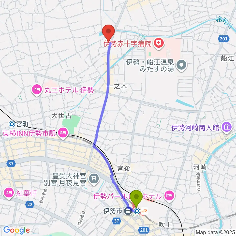 伊勢市駅から伊勢STUDIO Etudeへのルートマップ地図