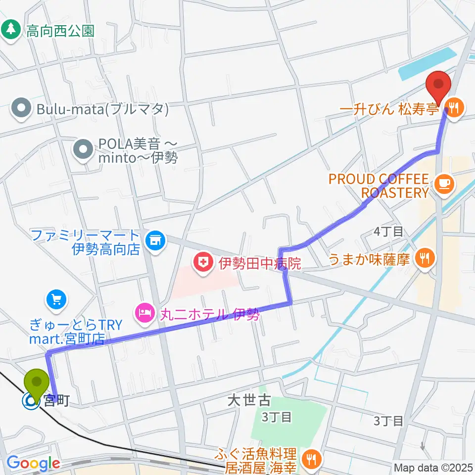 伊勢STUDIO Etudeの最寄駅宮町駅からの徒歩ルート（約17分）地図