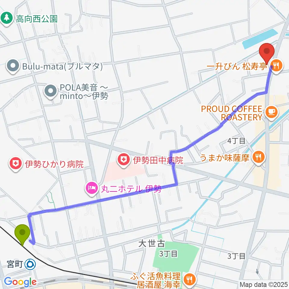 伊勢STUDIO Etudeの最寄駅宮町駅からの徒歩ルート（約17分）地図