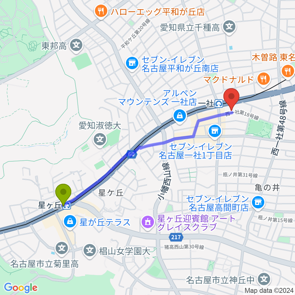 星ヶ丘駅からマミ・アートミュージックへのルートマップ地図