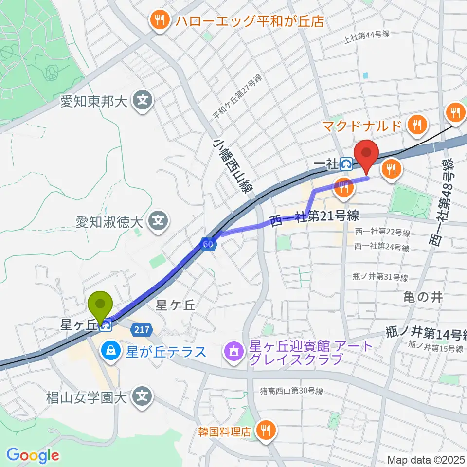 星ヶ丘駅からマミ・アートミュージックへのルートマップ地図