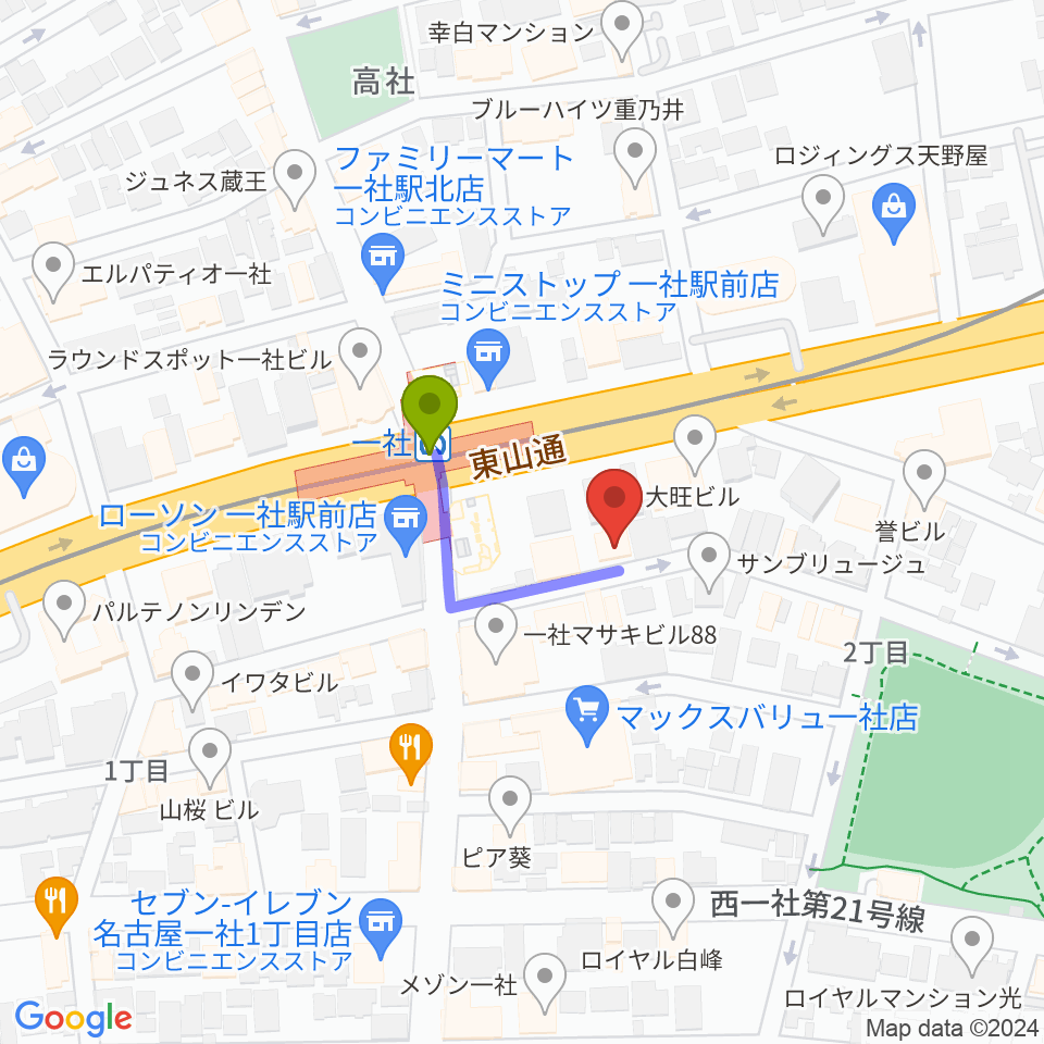 マミ・アートミュージックの最寄駅一社駅からの徒歩ルート（約2分）地図