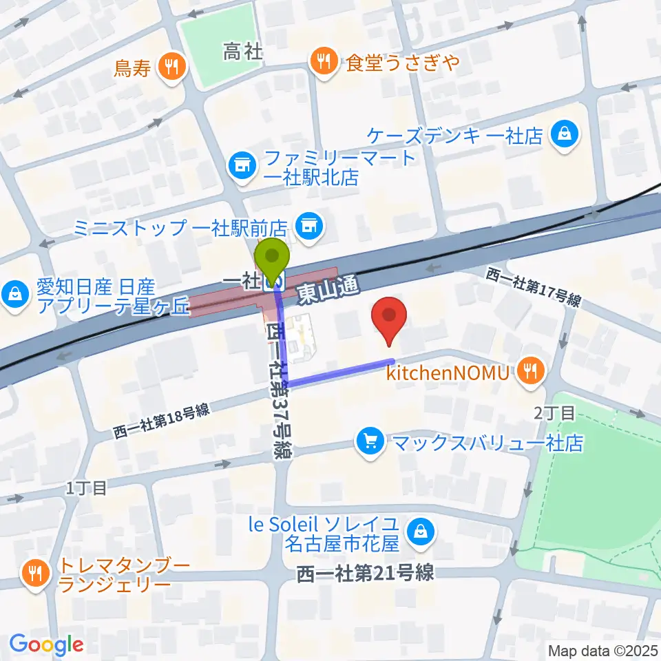 マミ・アートミュージックの最寄駅一社駅からの徒歩ルート（約2分）地図