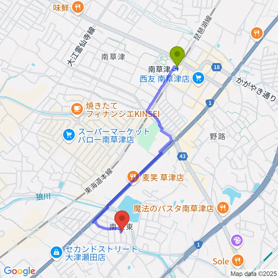音楽教室ひまわりミュージックの最寄駅南草津駅からの徒歩ルート（約19分）地図