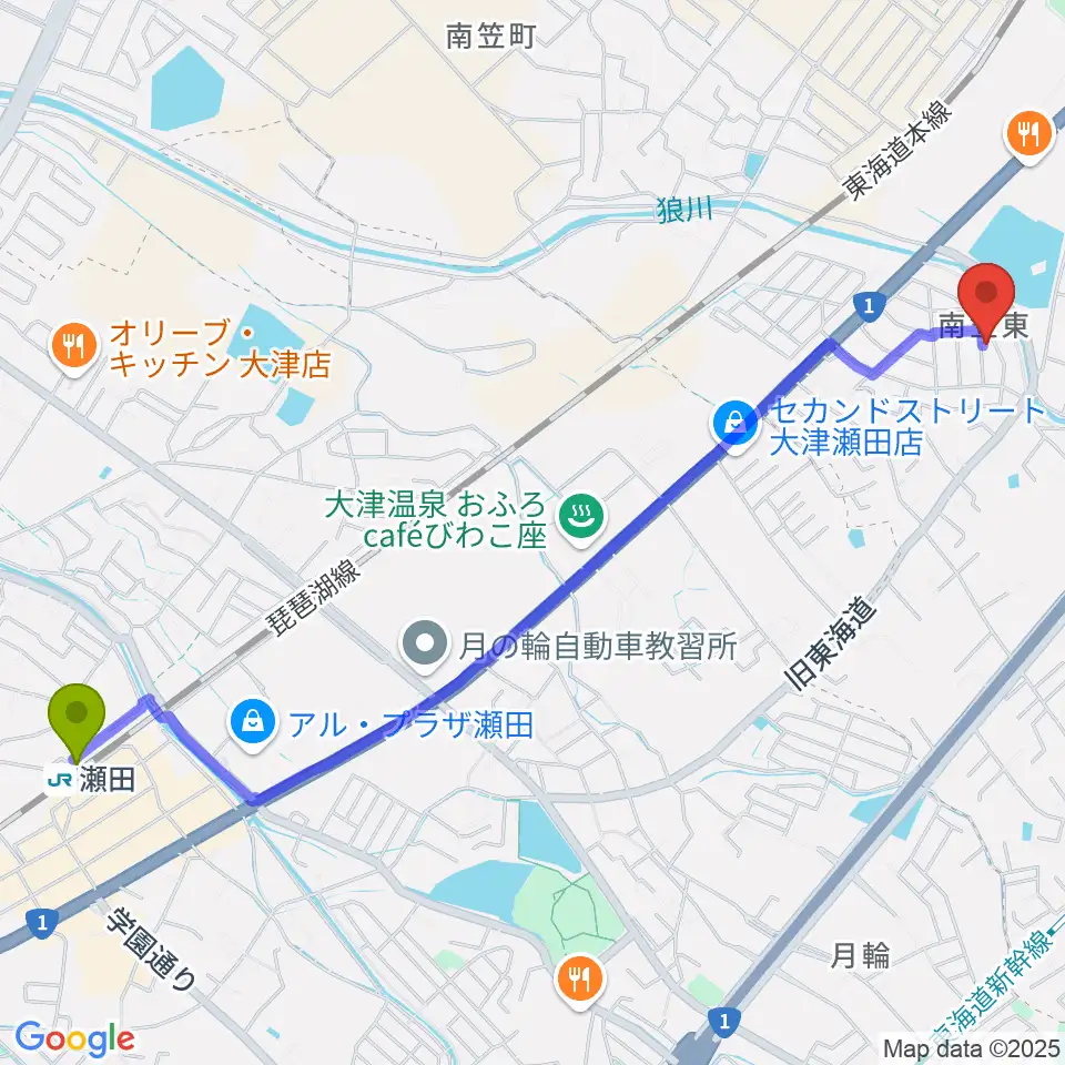 瀬田駅から音楽教室ひまわりミュージックへのルートマップ地図