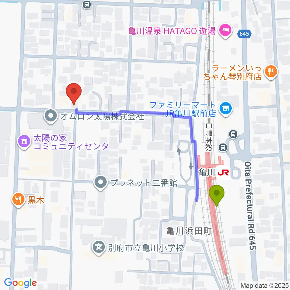 愛野由美子ピアノ教室の最寄駅亀川駅からの徒歩ルート（約5分）地図