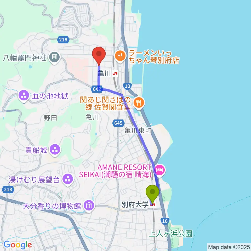 別府大学駅から愛野由美子ピアノ教室へのルートマップ地図