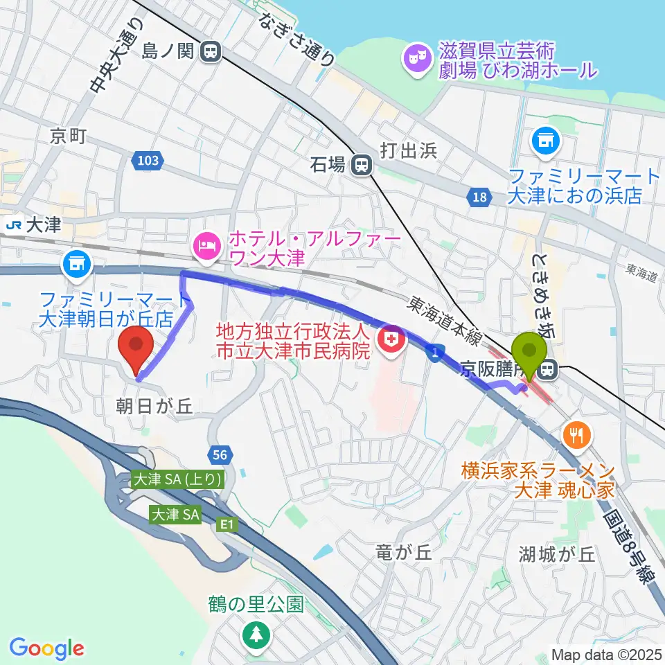 膳所駅から安井ピアノ教室へのルートマップ地図