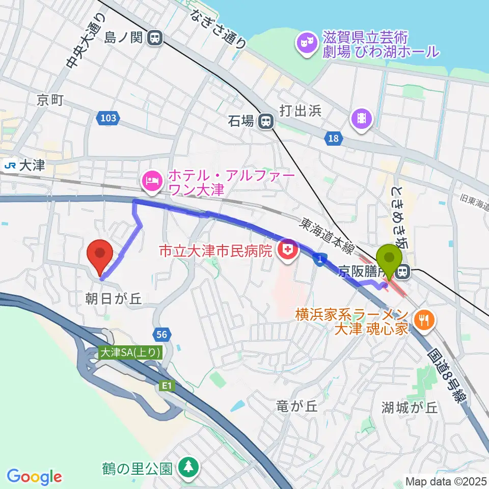 膳所駅から安井ピアノ教室へのルートマップ地図