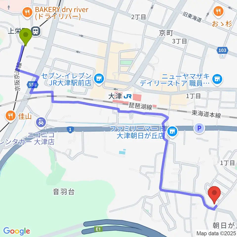 上栄町駅から安井ピアノ教室へのルートマップ地図