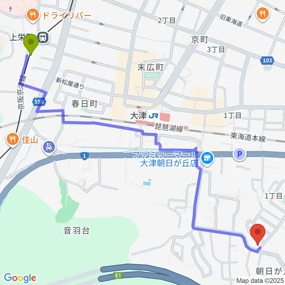 上栄町駅から安井ピアノ教室へのルートマップ地図