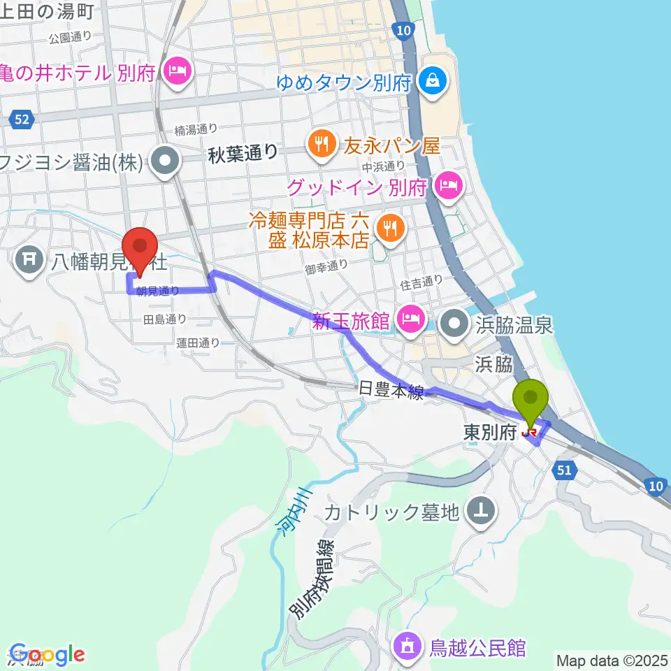 東別府駅から小野理恵ピアノ教室へのルートマップ地図