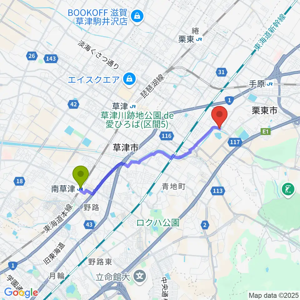 南草津駅からKawasaki Music Studioへのルートマップ地図