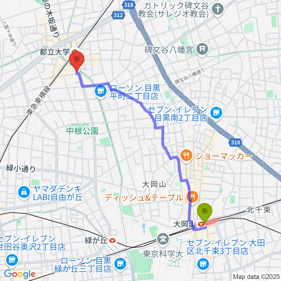 大岡山駅から山田聖ヴァイオリン工房へのルートマップ地図