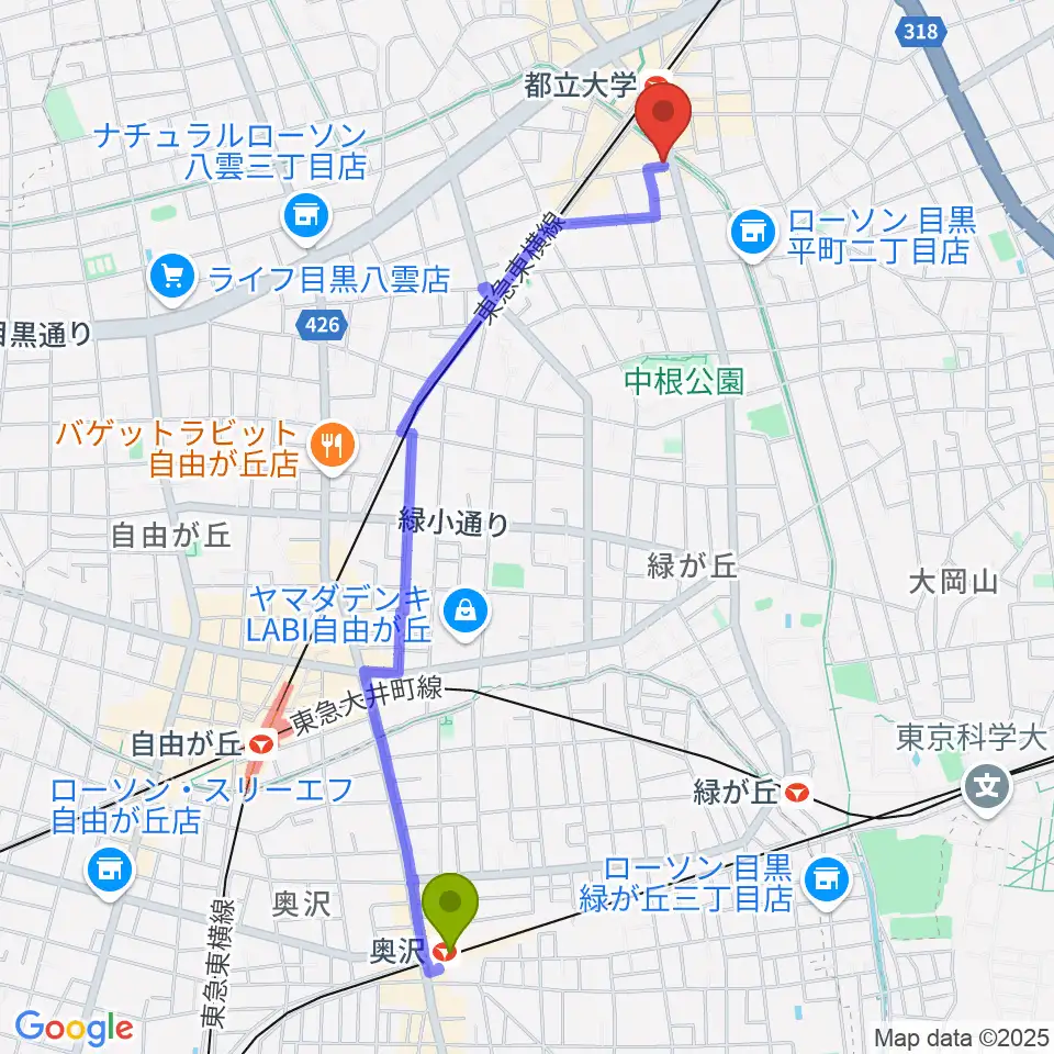 奥沢駅から山田聖ヴァイオリン工房へのルートマップ地図