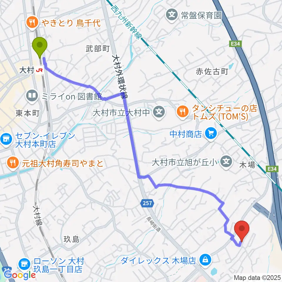 大村駅からトミーズ音楽工房へのルートマップ地図