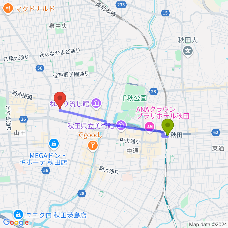 いがらしピアノ音楽教室の最寄駅秋田駅からの徒歩ルート（約29分）地図