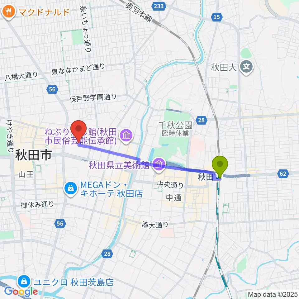いがらしピアノ音楽教室の最寄駅秋田駅からの徒歩ルート（約29分）地図