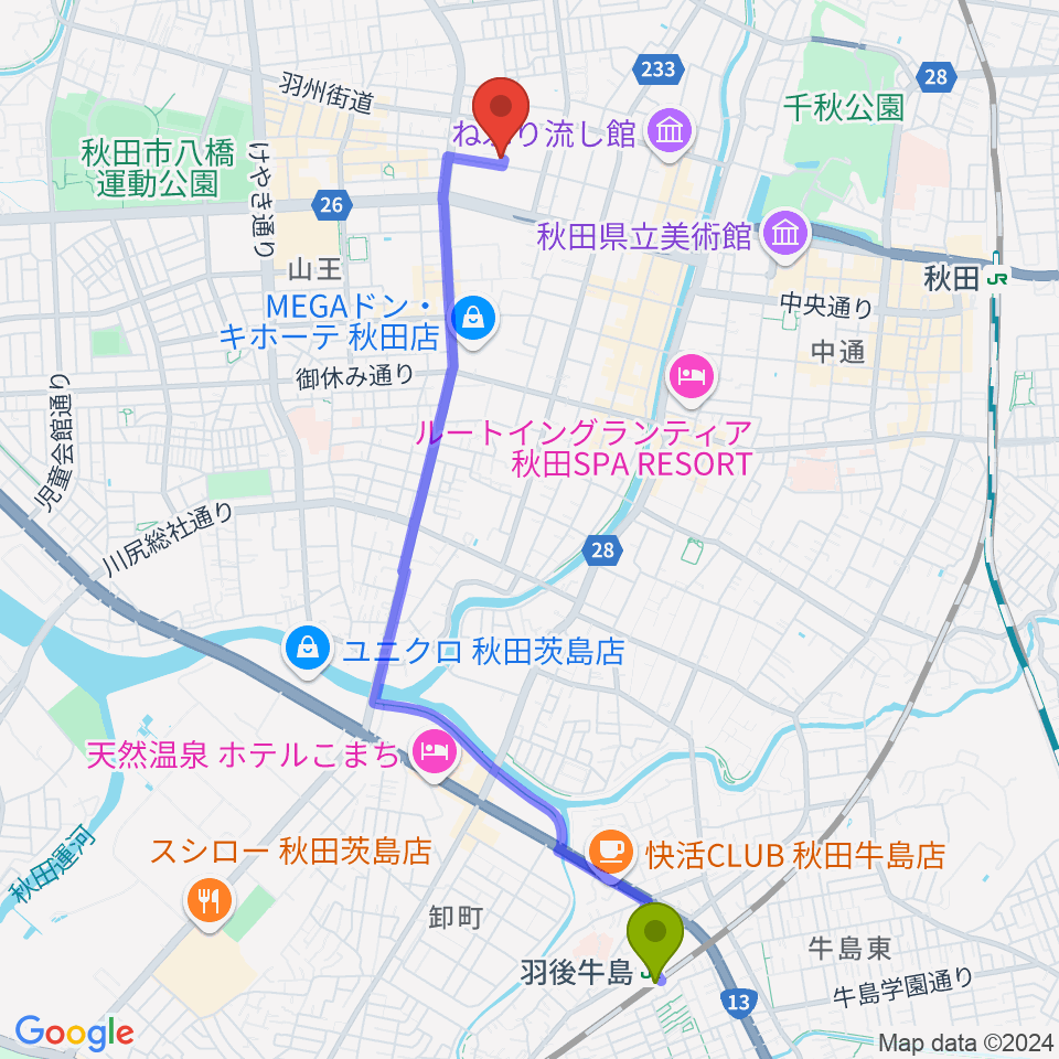 羽後牛島駅からいがらしピアノ音楽教室へのルートマップ地図