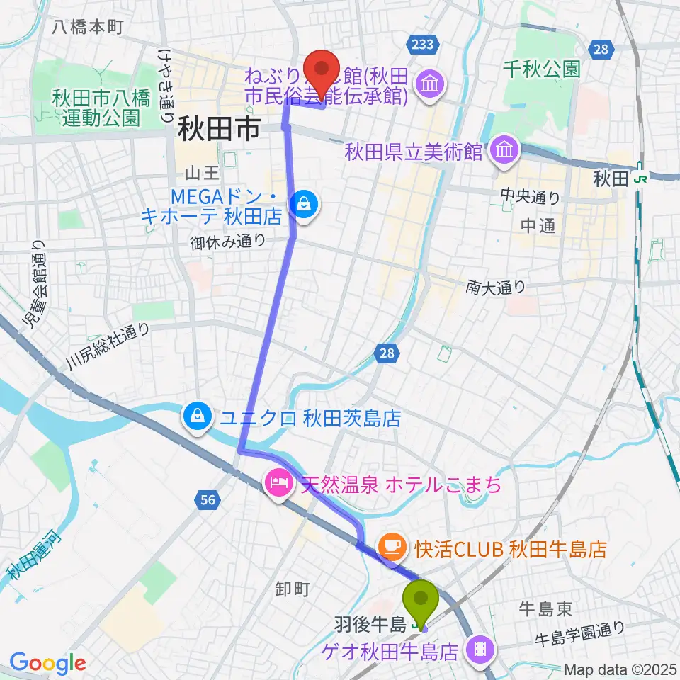 羽後牛島駅からいがらしピアノ音楽教室へのルートマップ地図