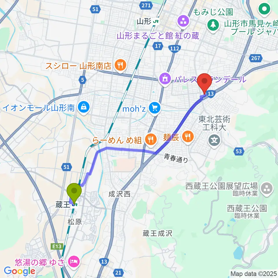 蔵王駅から古原ピアノ教室へのルートマップ地図