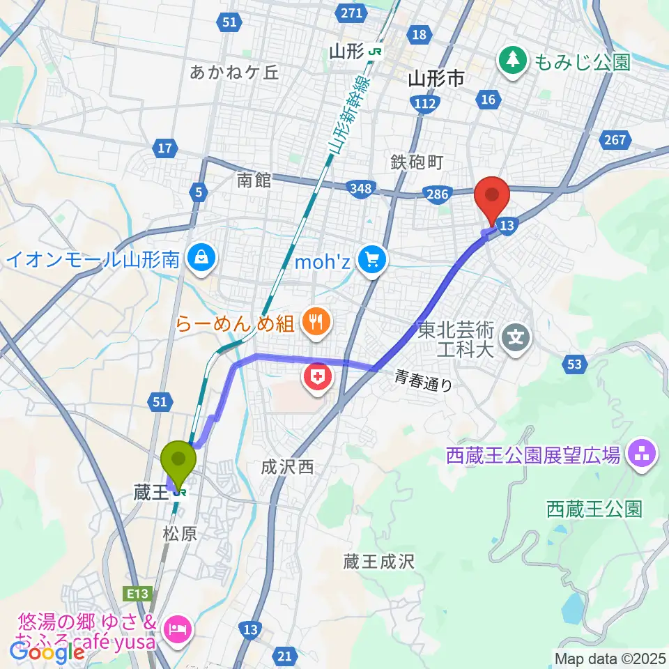 蔵王駅から古原ピアノ教室へのルートマップ地図